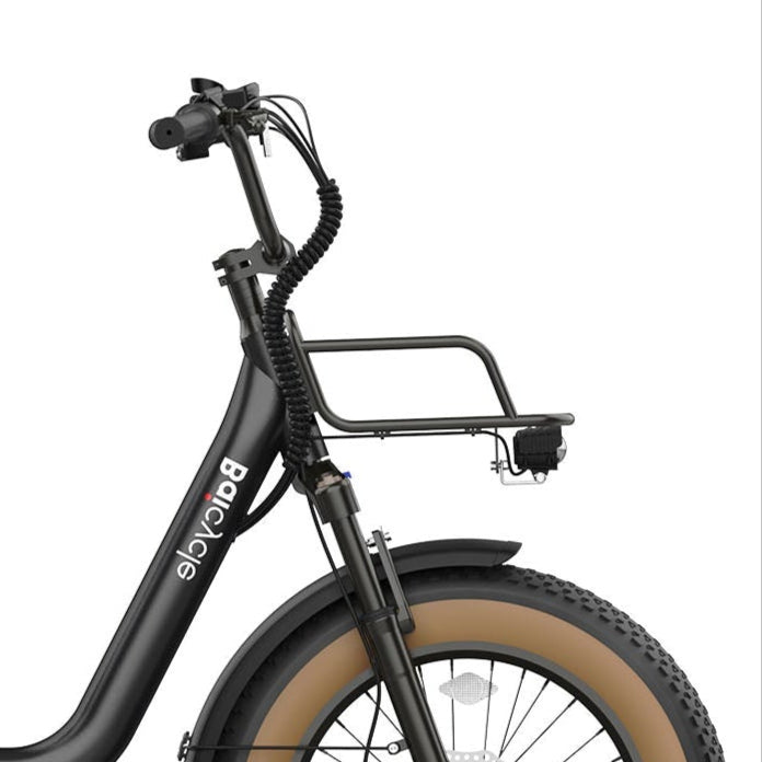 Baicycle CruiseONE – czarny rower, przedni widelec z amortyzacja