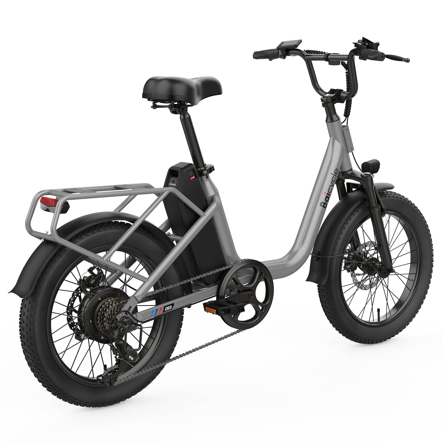 Baicycle CityONE – srebrny rower, tyl pod katem