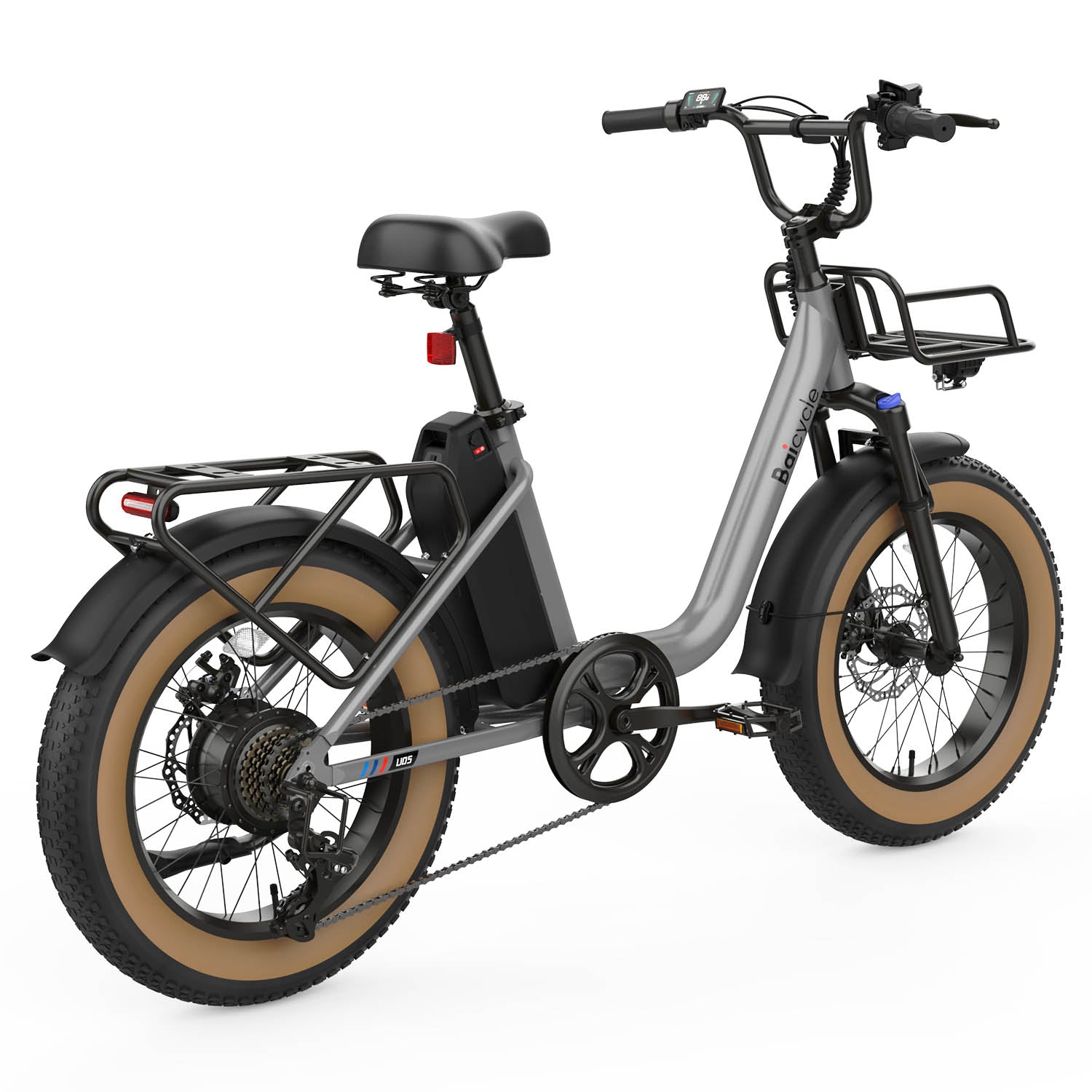 Baicycle CruiseONE – srebrny e-bike, widok z tyłu pod katem